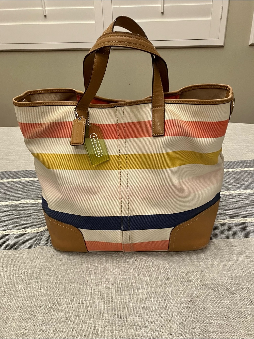 Coach Hadley Striped Canvas Tote with tan leather and signature hangtags - USED - Picture 12 of 14